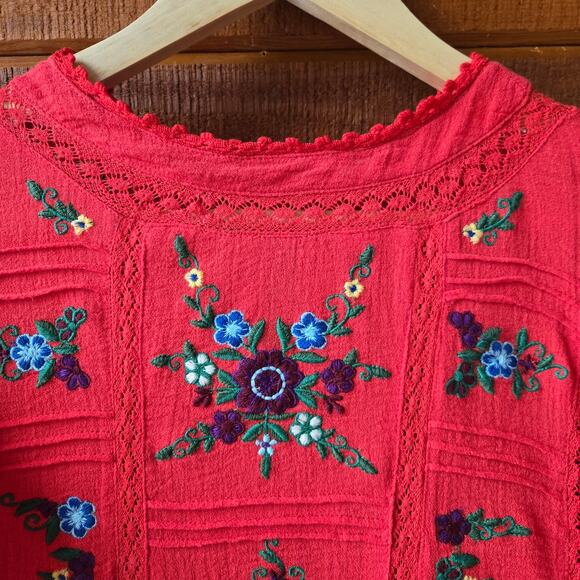 Free People Women Embroidered Ruffle Boho Top S Red Peasant Boho Prairie Western - Picture 5 of 9